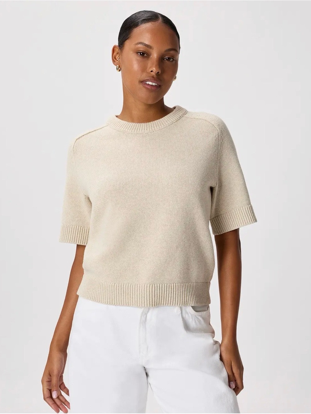 Quince 100% Organic Cotton Sweater Tee Speckled Beige Large